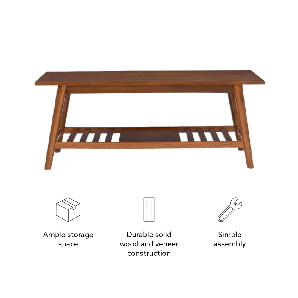 Mid-Century Coffee Table with Shelf Walnut Finish Sleek Design Durable Storage Indoor Use Stylish Rectangle Shape
