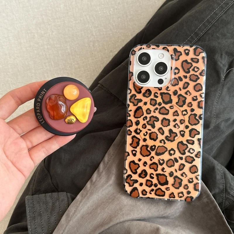 

Luxury brand leopard print Magsafe Wireless Charge Phone Case For iPhone 15 14 13 16 Pro Max Retro 3D Amber Magnetic Holder