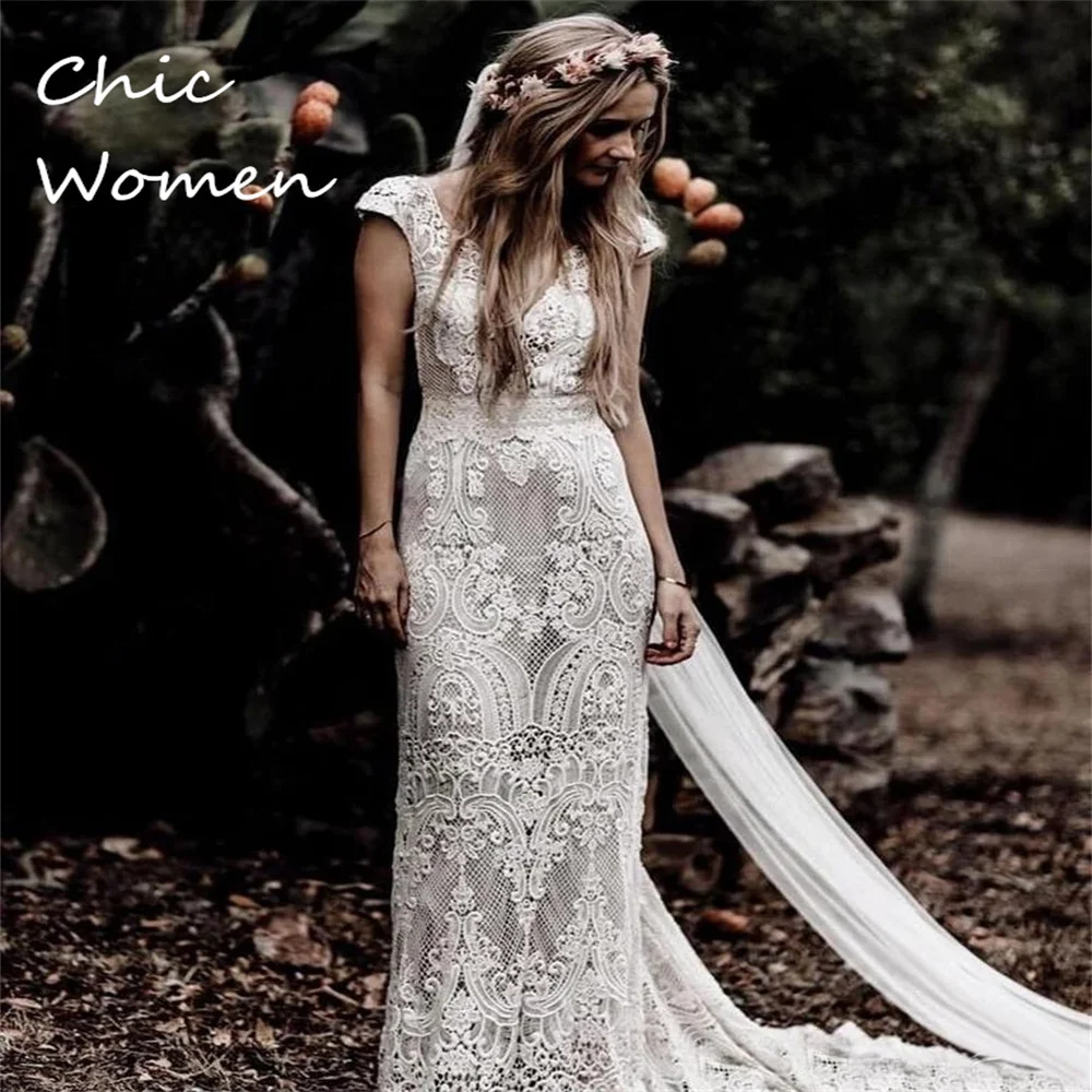 Bohemian Lace Mermaid Wedding Dress 2023 Vintage Crochet Hippies Backless Country Custom Bridal Gowns Cap Sleeves Bata Novia