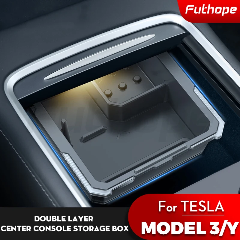 Futhope 2-in-1 Transparent Central Control Storage Box for Tesla Model 3 Y Card Earphones Partition Storage Aesthetic Decoration