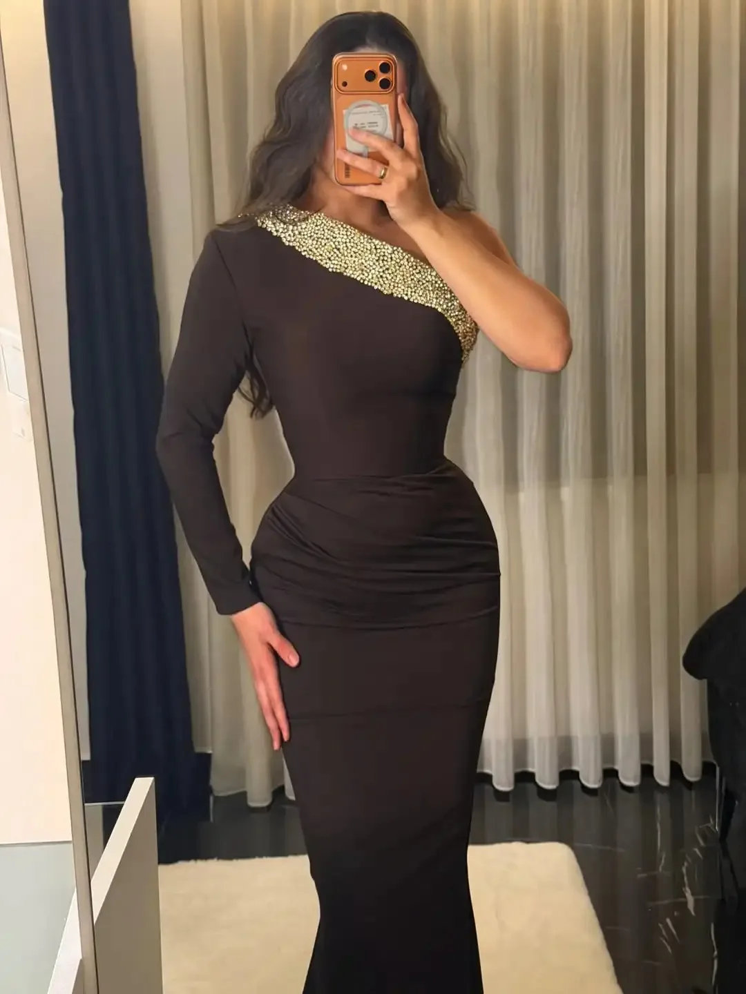 فستان حفلات أسود أنيق مخصص بكتف واحد حورية البحر بأكمام طويلة للحفلات المسائية بطول الأرض فساتين مناسبة رسمية