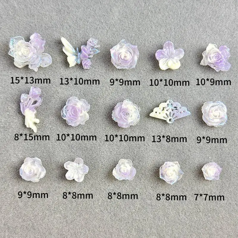 3D Double Colors Peony Rose Resin Nail Art Decorations Gradient Light Purple Luminous Flowers Nail Charms DIY Nails Accessories