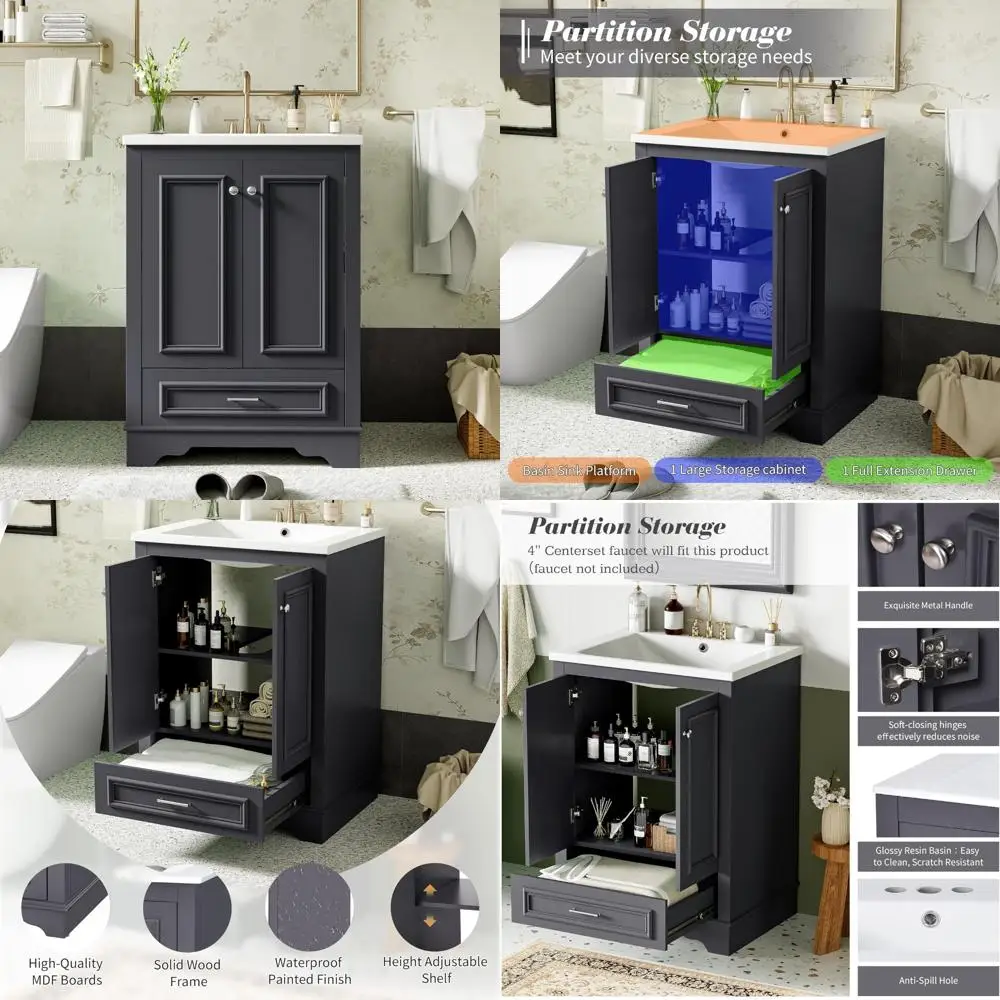 

vintage 24" freestanding solid wood vanity with sink, drawer & soft-close doors