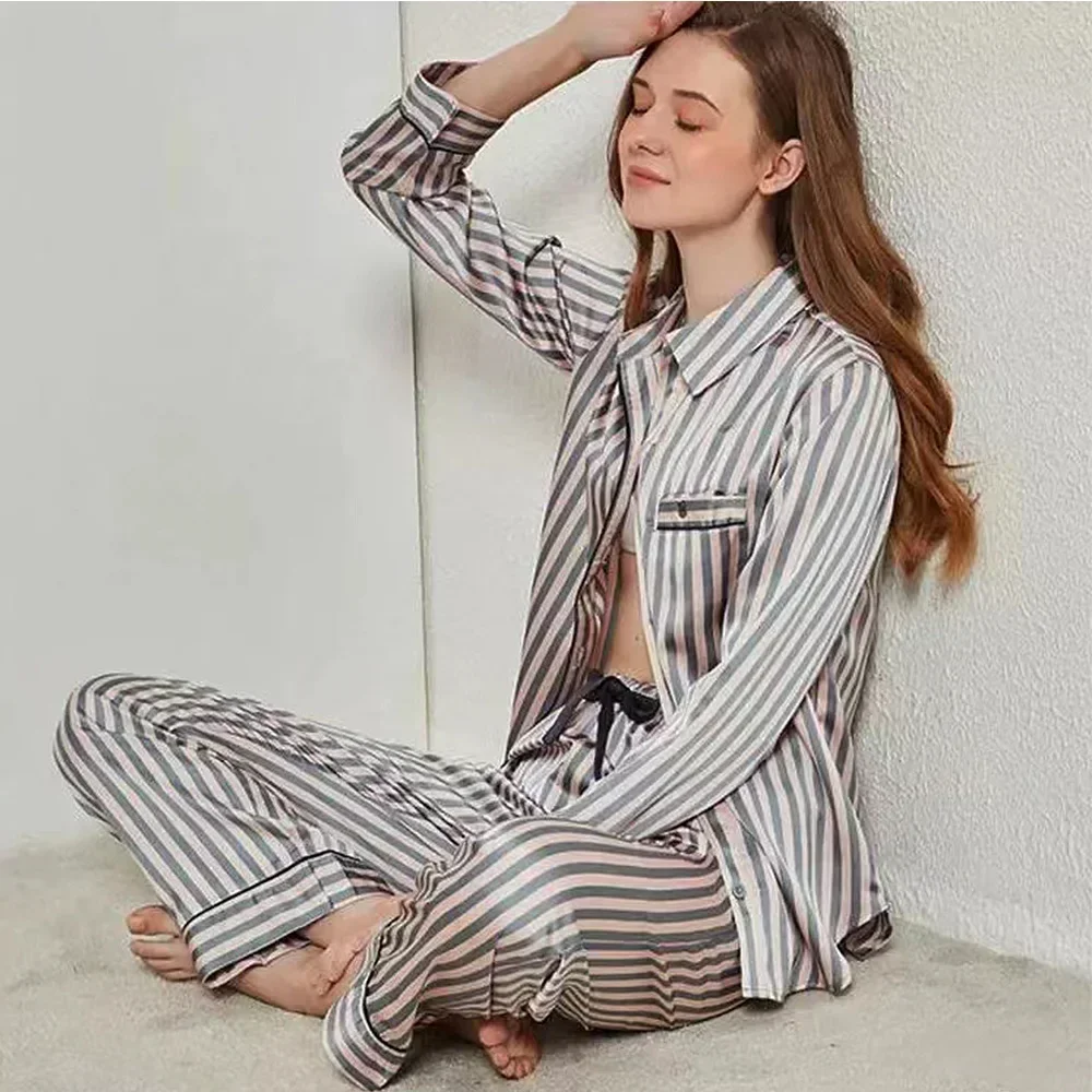 Autumn 2 Pieces Women\'s Pajamas Sets ice Silk Striped Cardigan Pyjama Women\'s Pajamas Sleepwear Sets Spring Summer VS Homewear