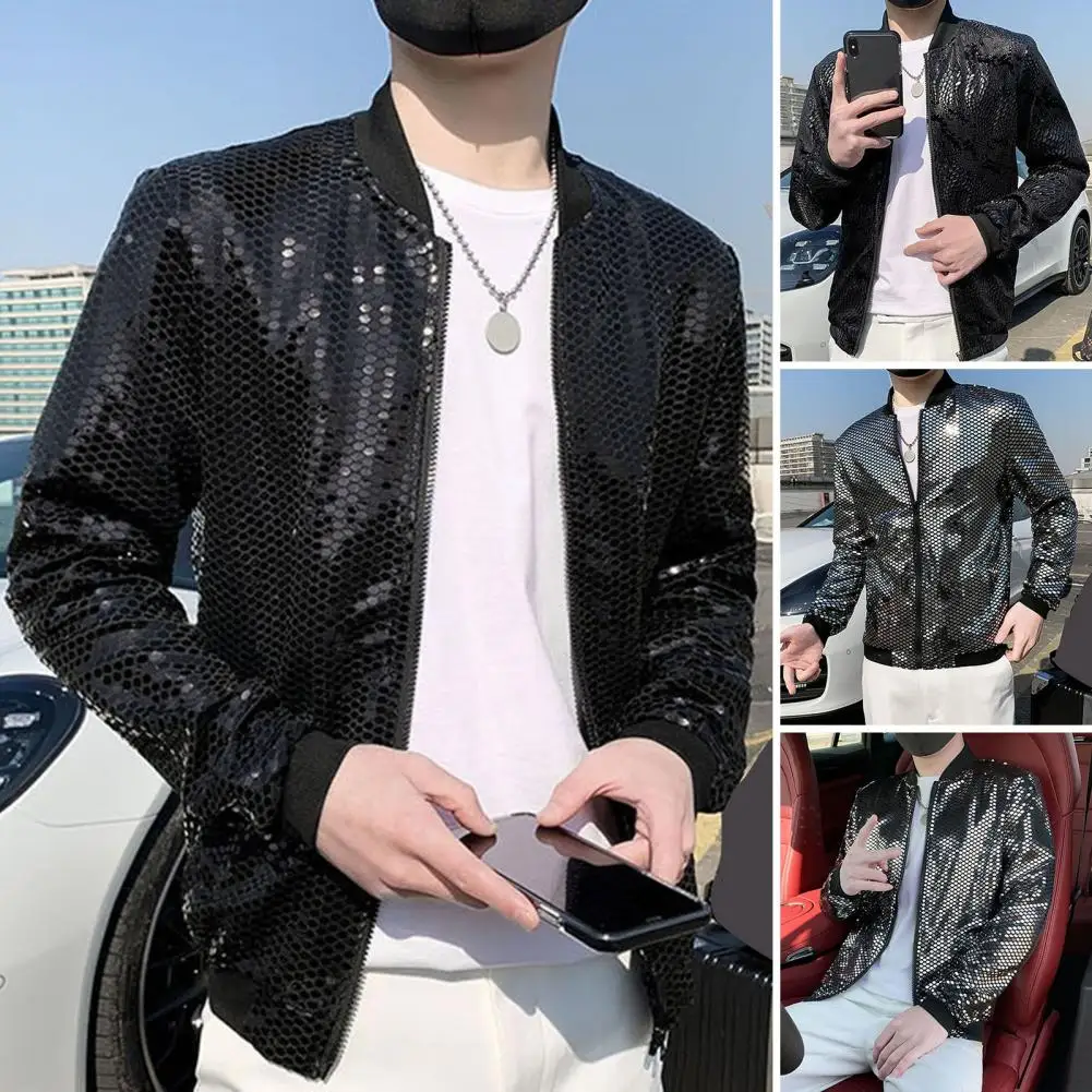 Men Coat Baseball Uniform Style Sequined Jacket Stand Collar Thin Coat For Stage Streetwear Night Club Motorcycle Jackets