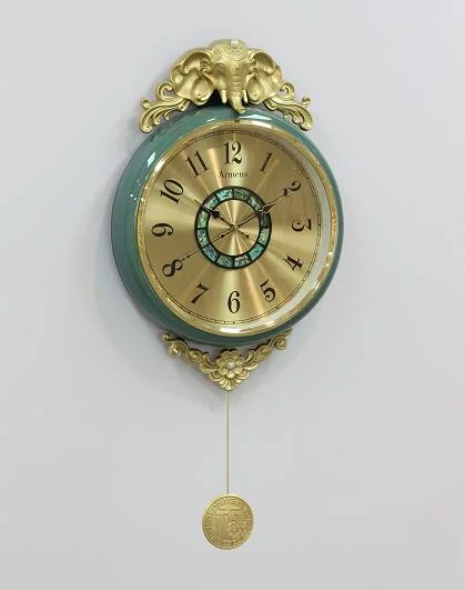Luxury Elephant Brass Pendulum Clock European Retro Green Silent Wall Clock  Living Room Dining Room Decoration