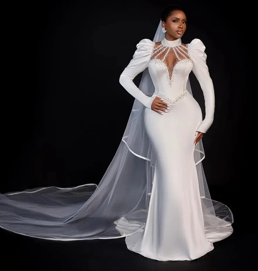 2025 vestido De Novia sirena para novia ilusión mangas largas Vestidos De Novia negros africanos cuello alto diamantes De imitación Vestidos De Novia