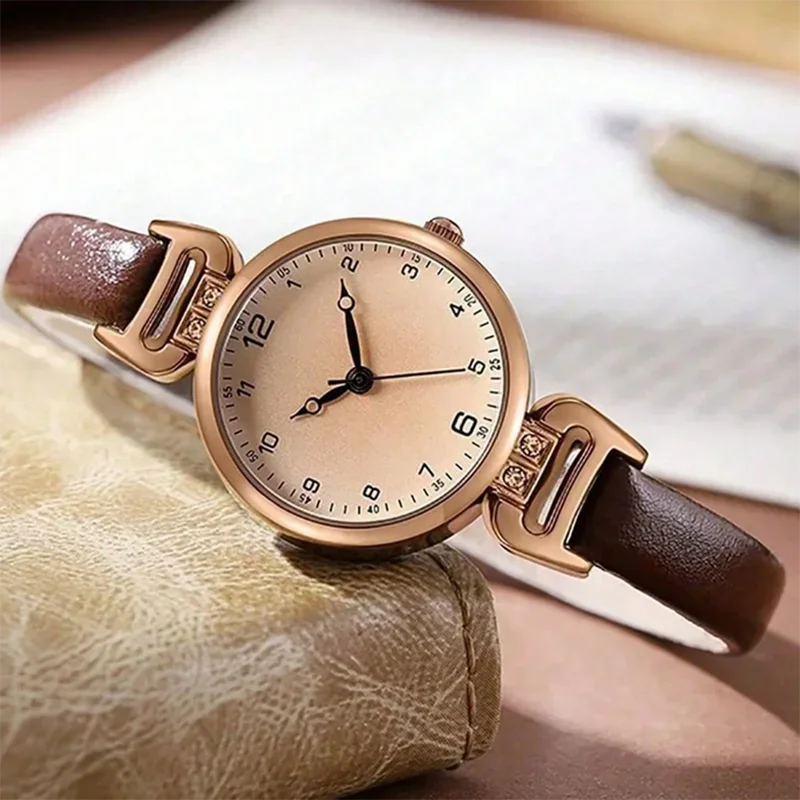 Ladies'strap circular digital small dial retro British style niche light luxury fashionable quartz watch suitable for daily wear