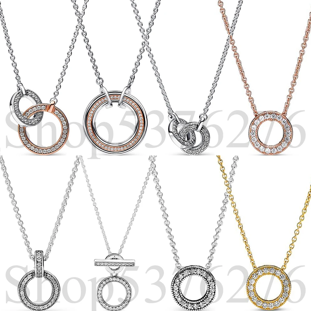 925 Sterling Silver Signature Two tone Logo & Pavé Intertwined Circles Fashion Pendant Necklace Fit Women Charm Gift DIY Jewelry