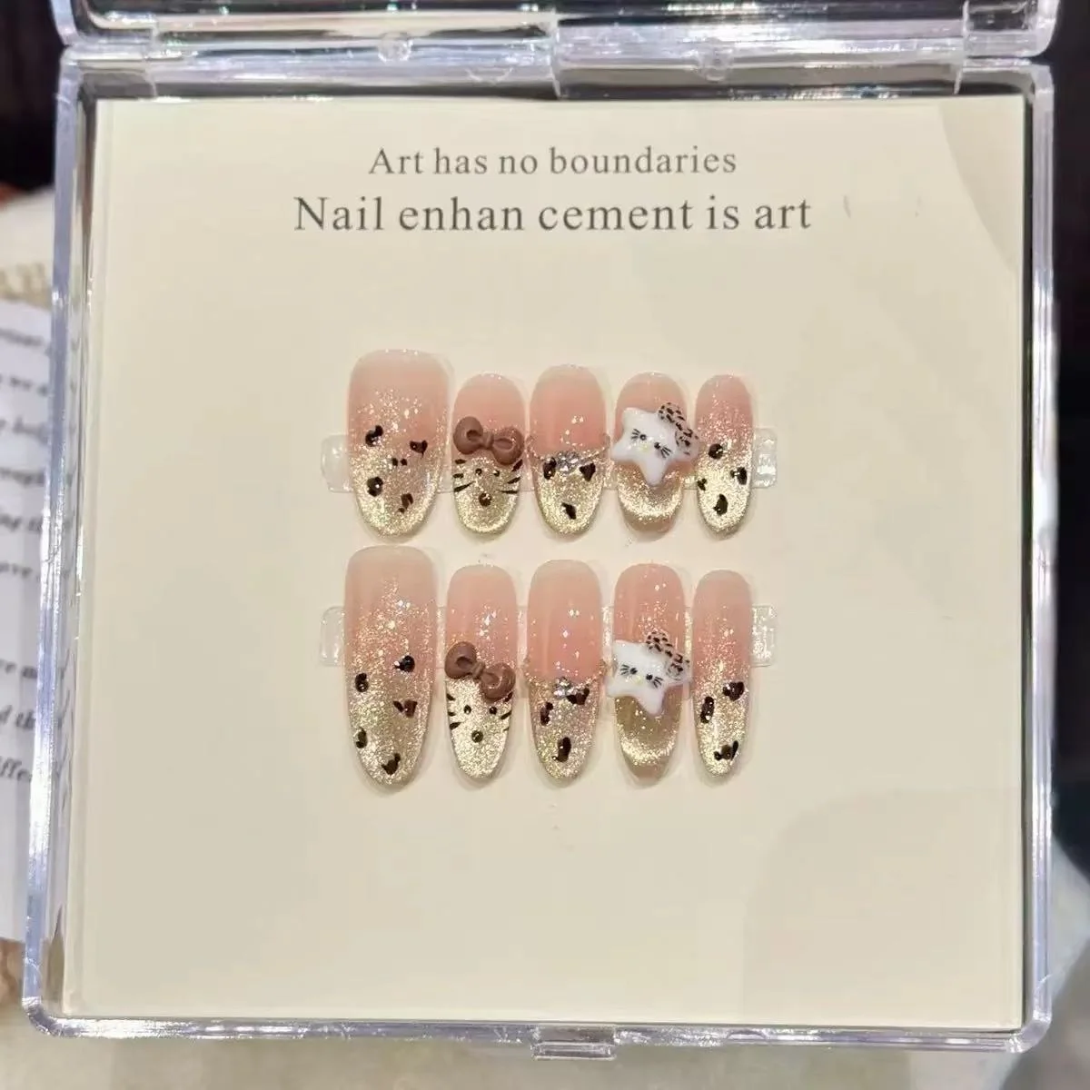 

10pcs Pure Hand Pressed Oval Nail Art,Nice Fake Nails,Pink And Golden Cat Eyes With Leopard-print Stars,Sweet,Ideal For Women