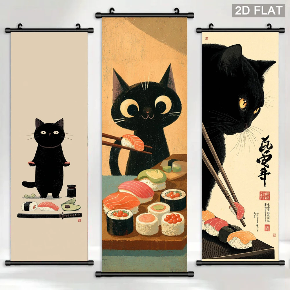 VIKAMA Cute Black Cat Sushi Roll Scroll Tapestry, Japanese Kitten Wall Art, Wall-Mounted Poster for Kitchen Dining Room Decor