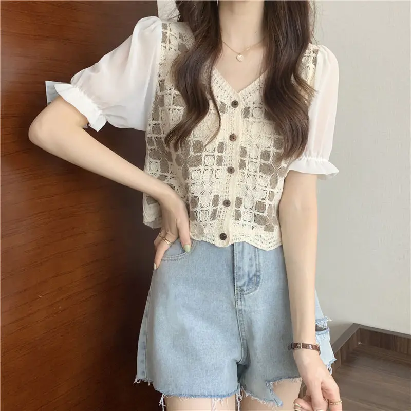 Women Crochet Knit Top with Chiffon Half Sleeve V-Neck Button Down Embroidery Floral Blouse Cardigan Spring Summer Fairycore