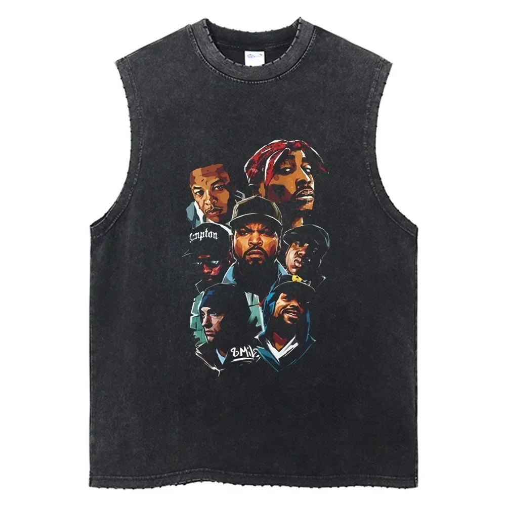 Washed Hip-Hop Street Apparel Rap Singer Print Tank Top Men Men\'s Harajuku Sleeveless T-shirt Unisex Casual Cotton Gym Clothing