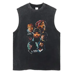 Washed Hip-Hop Street Apparel Rap Singer Print Tank Top Men Men's Harajuku Sleeveless T-shirt Unisex Casual Cotton Gym Clothing