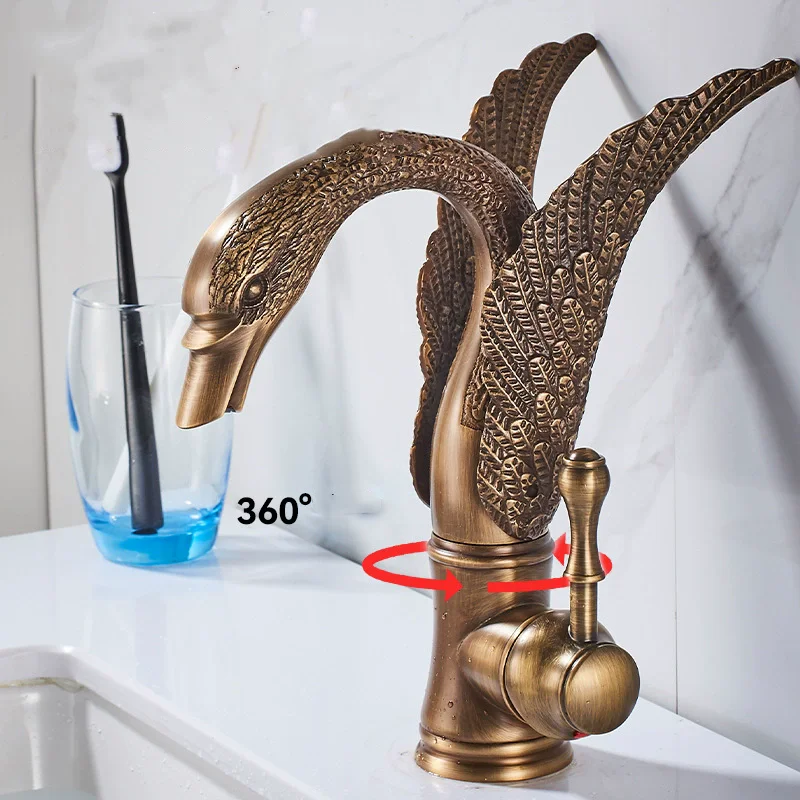 Basin Faucet Brass Bathroom Sink Mixer Tap Hot & Cold Bathroom Deck Mounted sink Faucet Antique Dragon Lavatory Crane Tap
