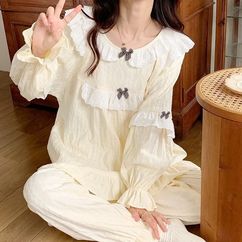 Cute V-neck Striped Pajamas Women's Spring Autumn Nightgown Sleepwear 2024 New Loose Homewear Long Sleeved Thin Loungewear Set