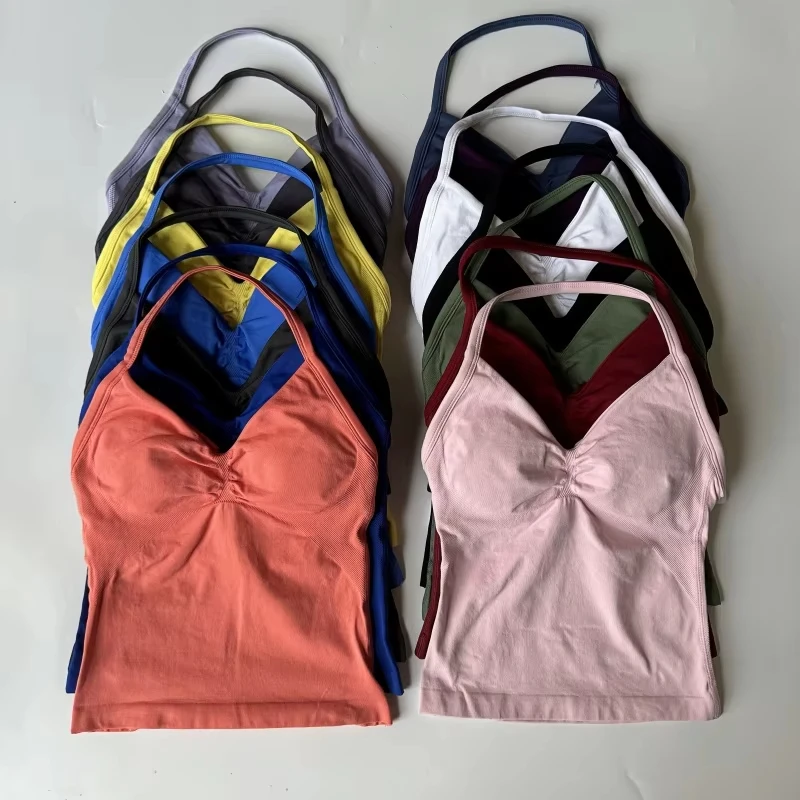 新作ロングラインストラップトップ レディース シームレスヨガタンクトップ 内蔵ブラ付き ラッフルバックレス ジムウェア ワークアウトトップ