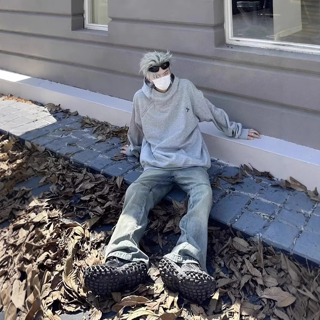 2025 Autumn New Korean Solid Half Zipper Hoodies for Men Winter Fashion Retro Oversized Hoodie Hip Hop Streetwear Sweatshirt Y2k