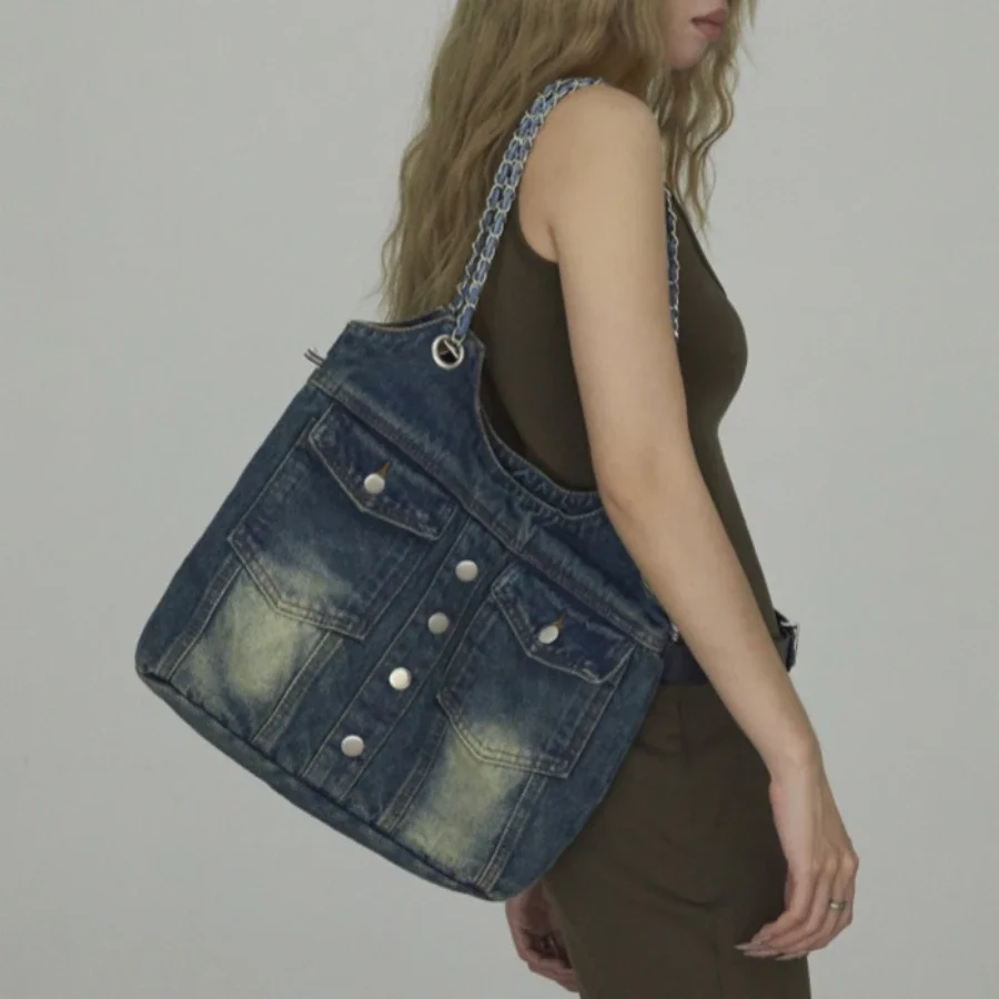 

Fashion Washed Denim Women Handbags Y2K Chian Shoulder Bags for Female Simple Large Capacity Student Ladies Big Totes Bolsas