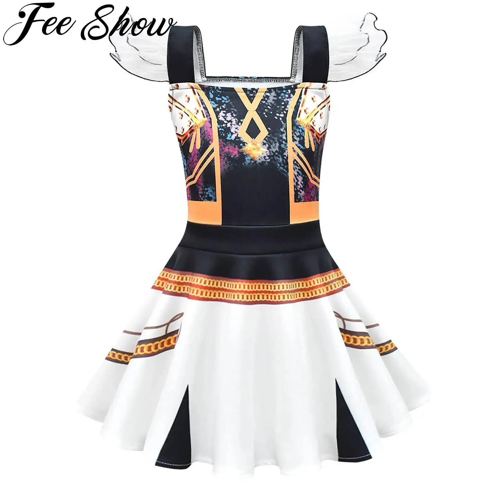 

Kids Girls Animated Inspired Dress Cute Cartoon Print Flying Sleeve A-Line Ruffled Dresses for Stage Performance Dance Wear