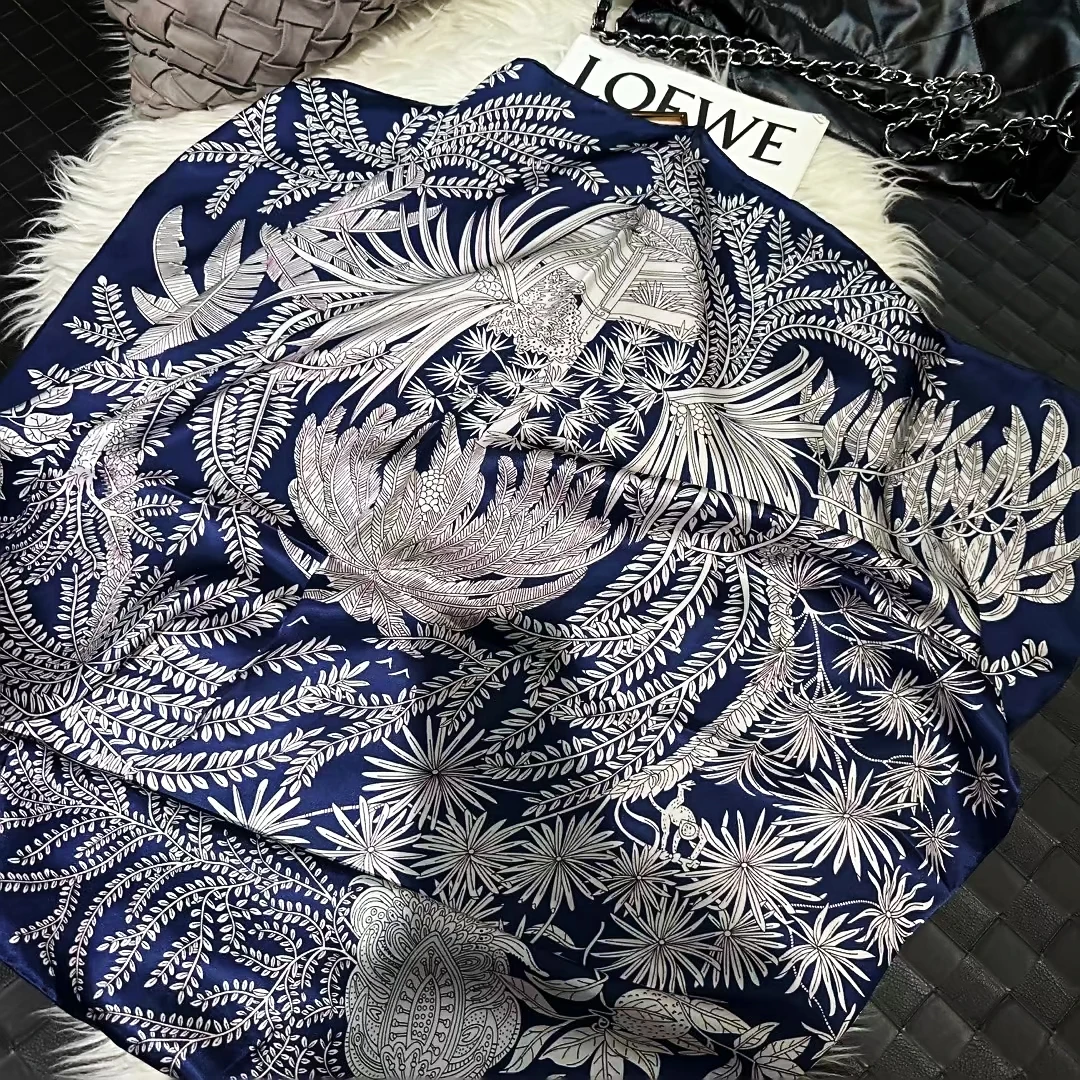 BYSIFA|Navy Blue 100% Mulberry Silk Scarf Shawl Winter Brand Floral Design Square Scarves Fashion Fall Winter Scarfs Bufanda