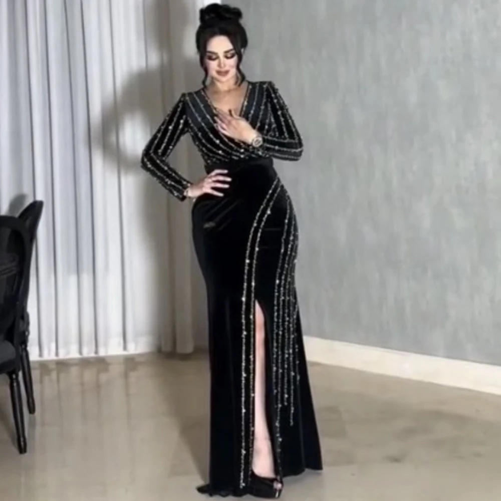 Dream Shiny Beading Evening Dress V-Neck and Long Sleeves Sexy Front Slit Floor Length Mermaid Women Sheath Custom Made Gowns