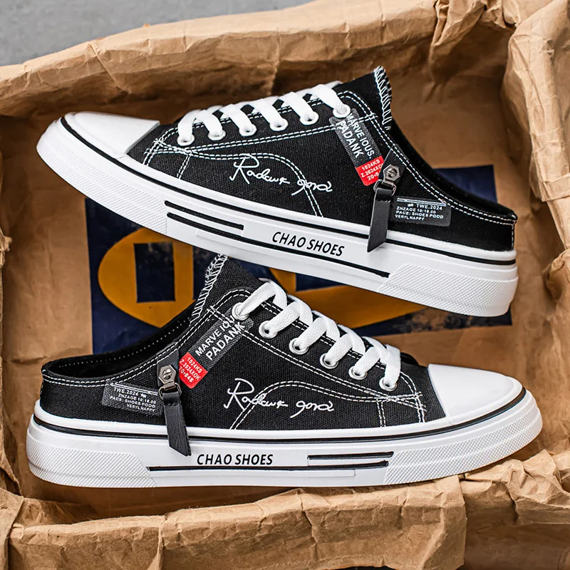 

Мужские дизайнерские тапочки, уличные полутапочки с низким берцем и плоской подошвой, модные удобные дышащие мужские парусиновые туфли, новинка 2023 года