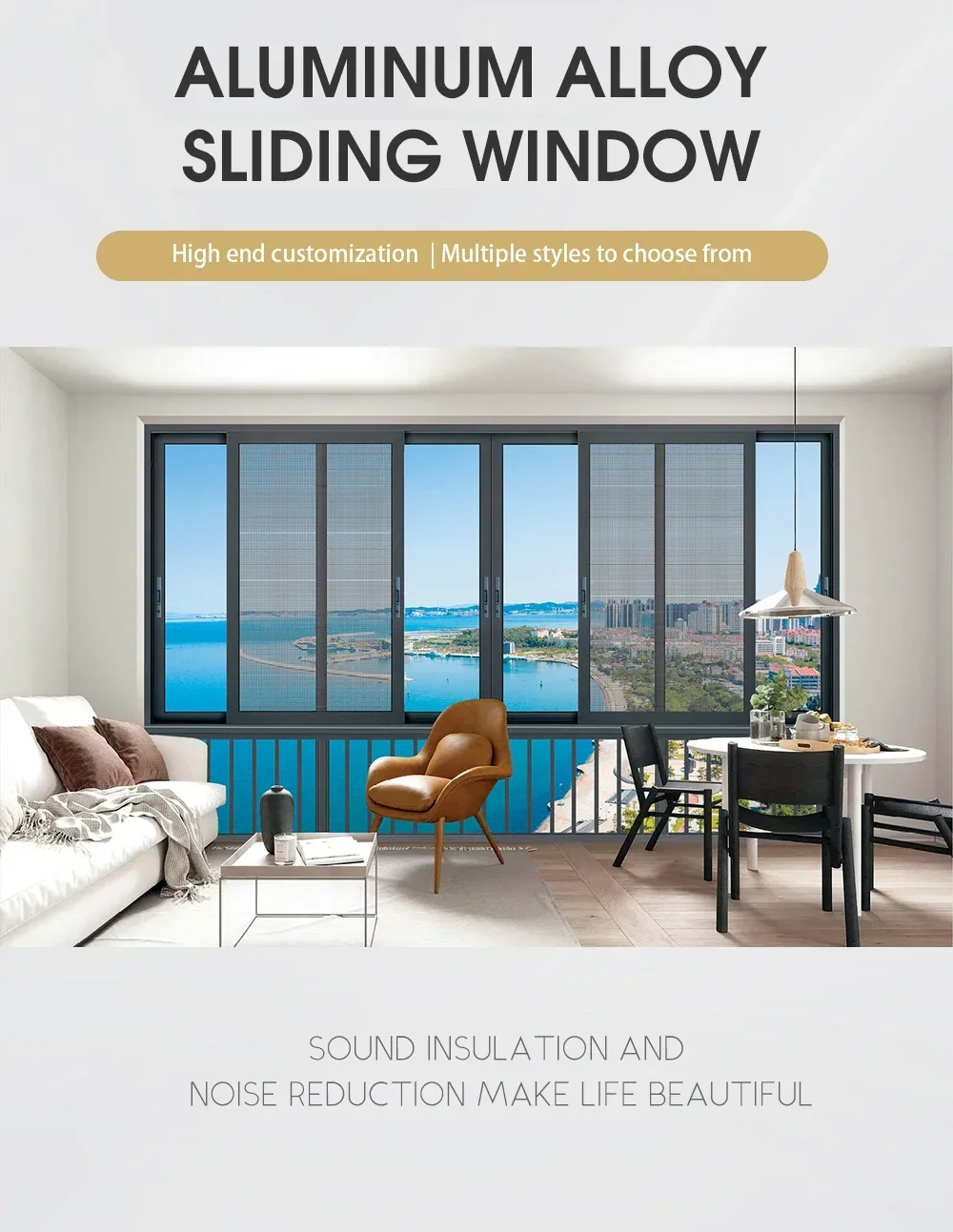 Modern Villa Sliding Window Aluminum Alloy Frame Soundproof Horizontal Opening Screen Design