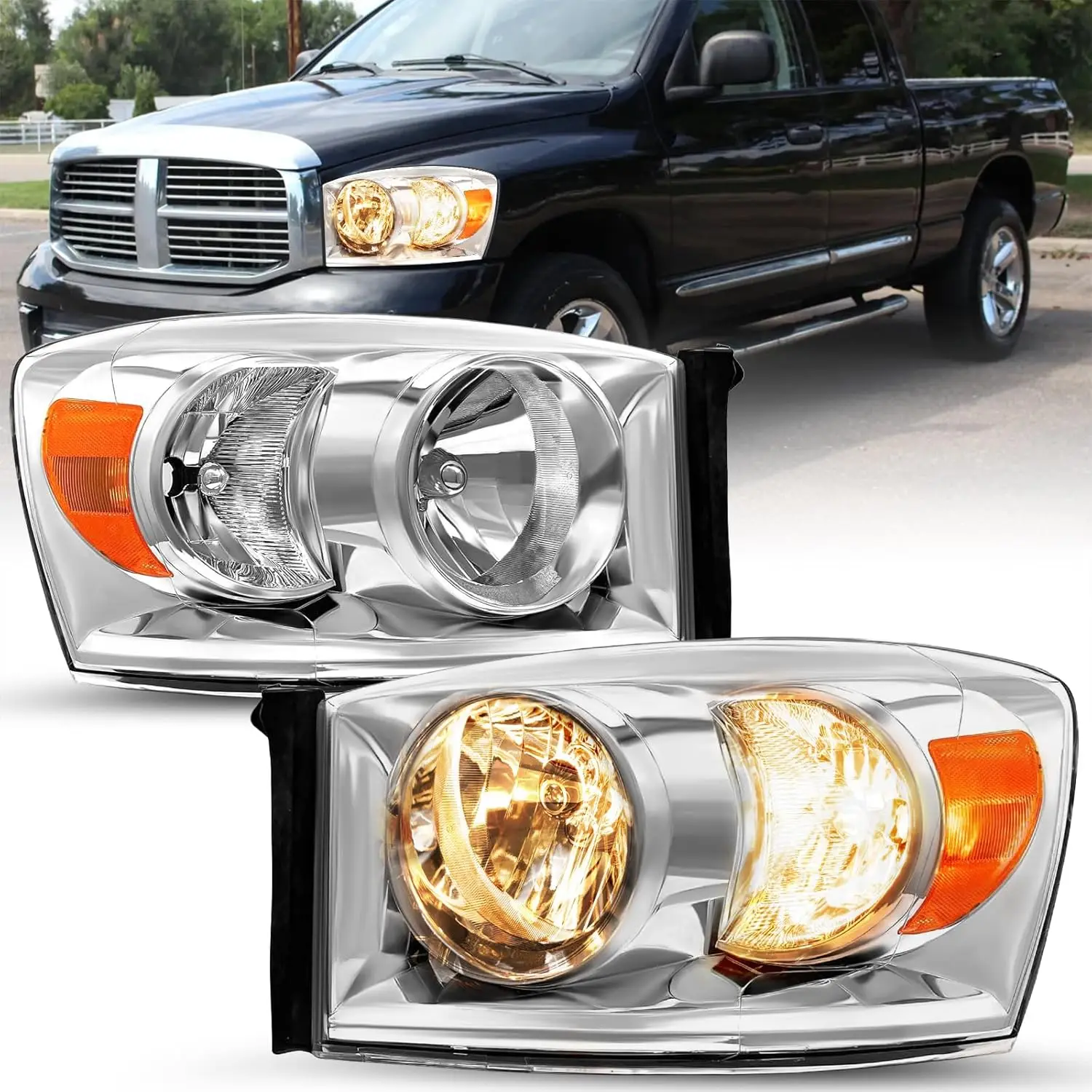 

Headlight Assembly Compatible with 06 07 08 Dodge Ram 1500/06 07 08 09 Ram 2500 3500 Pickup Passenger and Driver Side, Chrome Ho