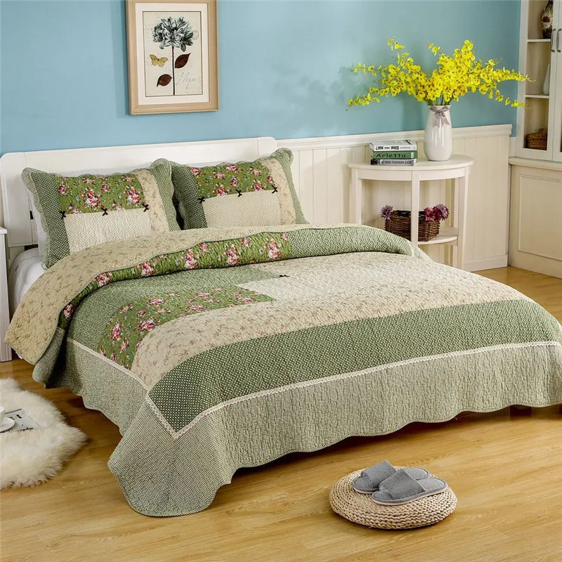 Quilting Bedspread on the Bed Retro Cotton Quilt Set Patchwork Bed Cover Linen Blanket Coverlet Padded Comforter Mattress Topper