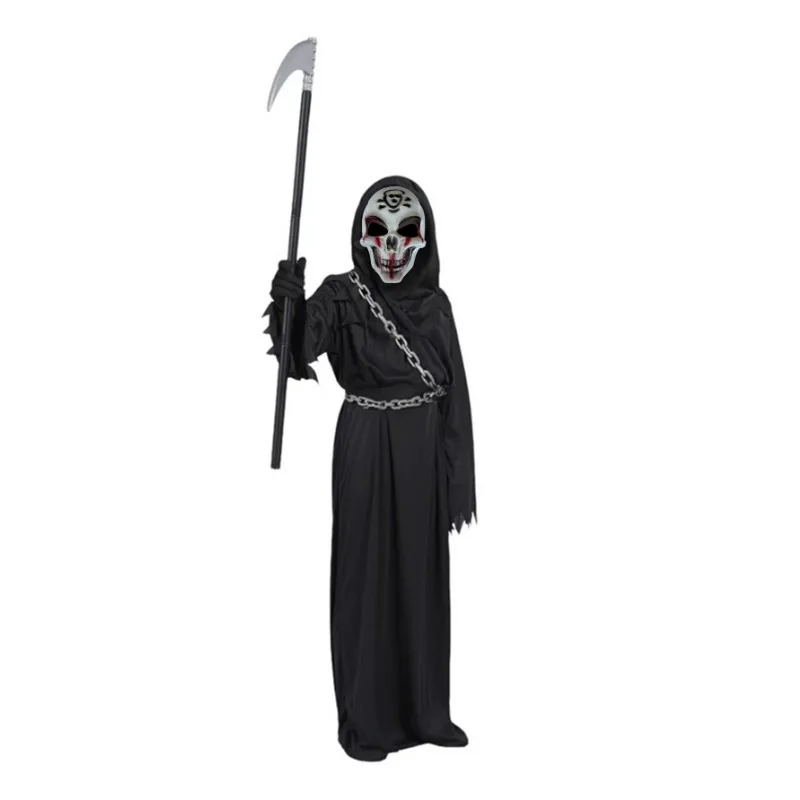 Nuovo bambino Grim Reaper Costume Horror Teschio Maschera Robe Dress Up Costume Halloween Falce Guanti a catena Puntelli Regalo