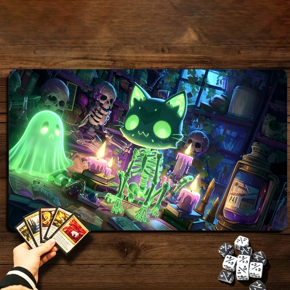 Ghost Skeleton Cat TCG Playmat Magic Playmat Gathering Gaming Mat with Stitched Edge Anti-slip base 60X35cm Trading Card Game
