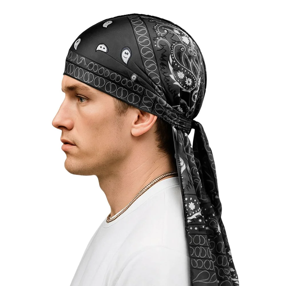 Fashion Amoeba Print Men's Headscarf Breathable Imitation Silk Long Tail Pirate Cap Lightweight Wave Print Hip Hop Hat Outdoor