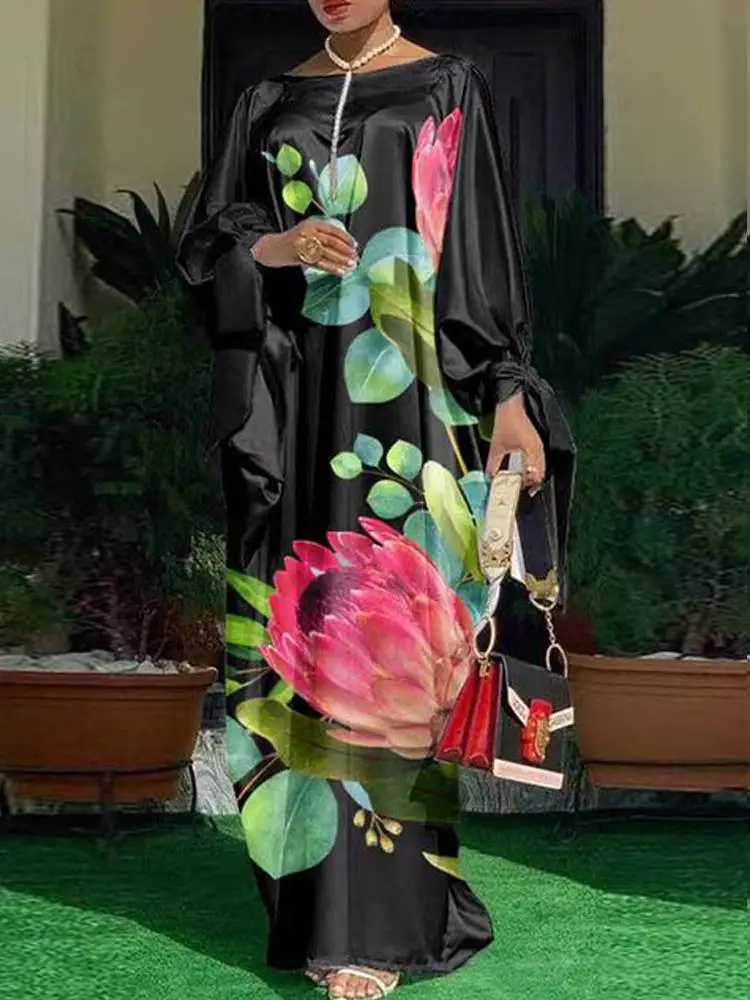 Grande taille soie imprimé Par Dr Ele rican Robe longue Satin Robe de soirée femmes Faion été a-ligne Midi Dr