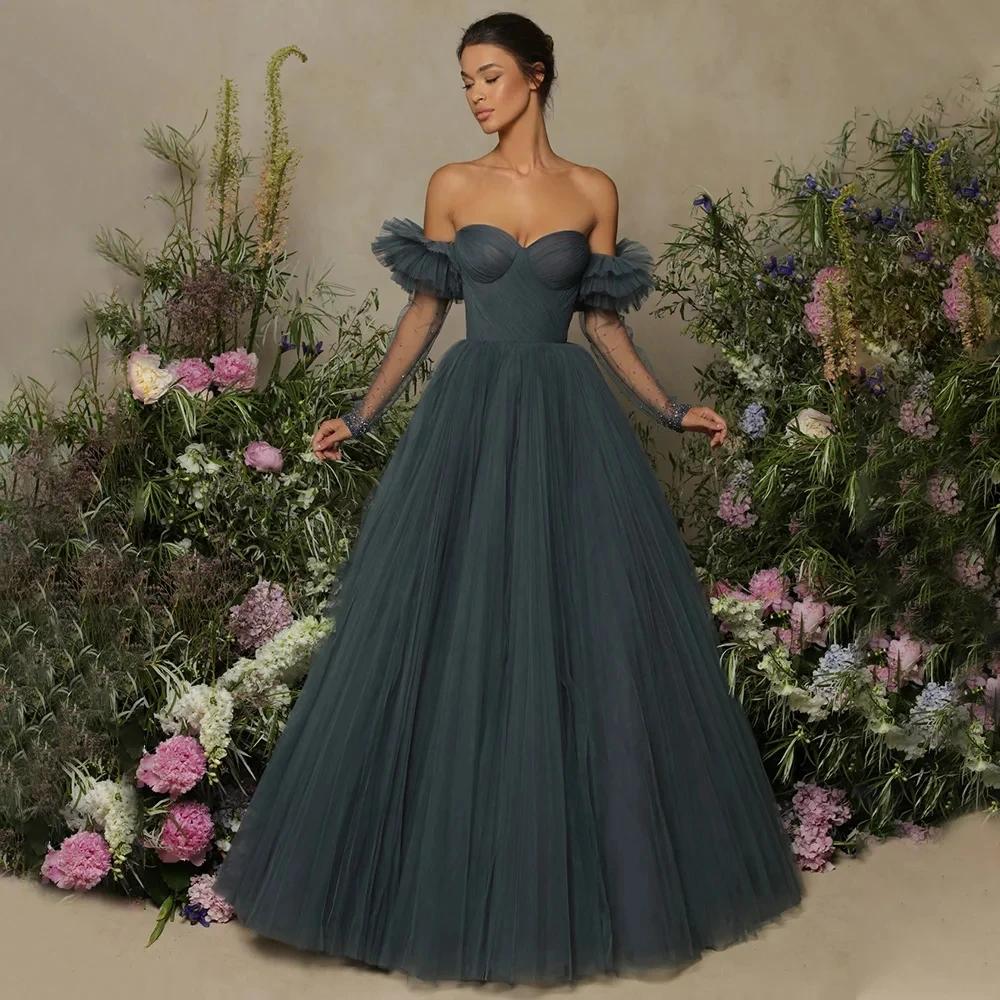 Evening Gown Long Ball Off the Shoulder Sweetheart Prom Dress for Women Tulle Backless Simple Formal Dresses Navy Blue