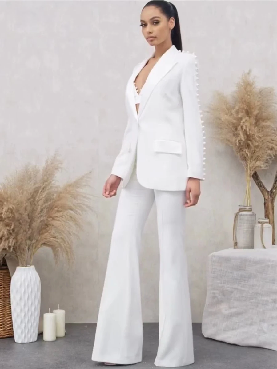 Unique Stunning Runway Design Pearl Beaded White Blazer Suit 2Pcs Flare Pants Sets Women Fashion Clothing