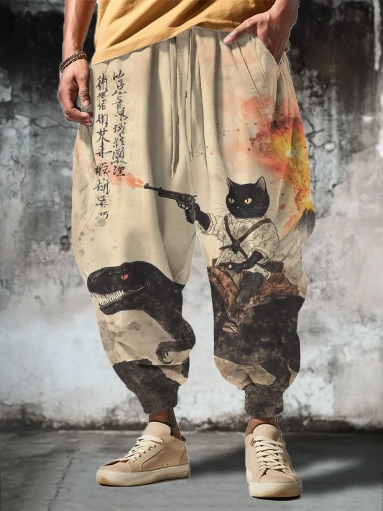

Autumn Men's Pant 2025 Retro Calligraphy Cat Dinosaur Volcanic Eruption Art Print Long Trouser Loose Drawstring Waist Sweatpants