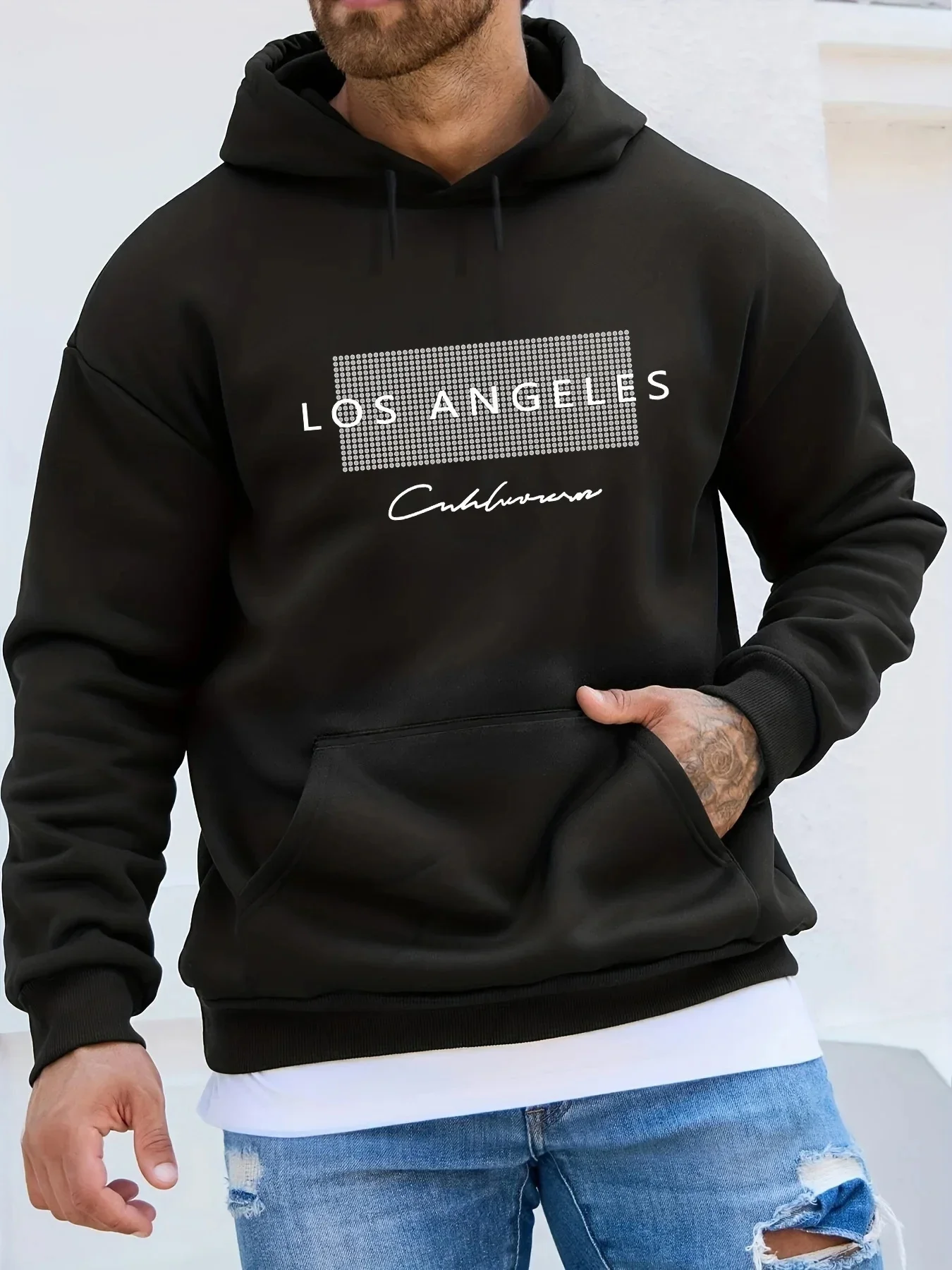 

Autumn and Winter Men's Long-sleeved Hooded Sweatshirt Los Angeles Pattern Printed Sweater Sweatshirt Casual and Fashionable Top