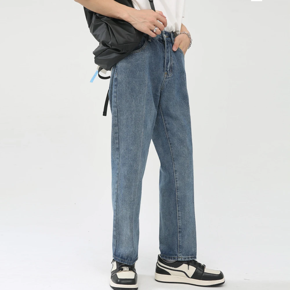 Koreanische Blau Port Stil Vintage Jeans für Männer Lose Gerade Casual Mode Cropped Hosen Hosen Männlichen