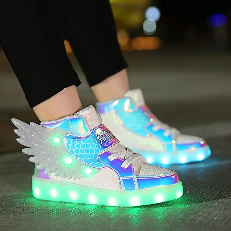 Waterproof Leather Kids Luminous Shoes Sneakers Led Light Shoes with Wing USB Charging Casual Sports Shoes Girls Skateboard Shoe