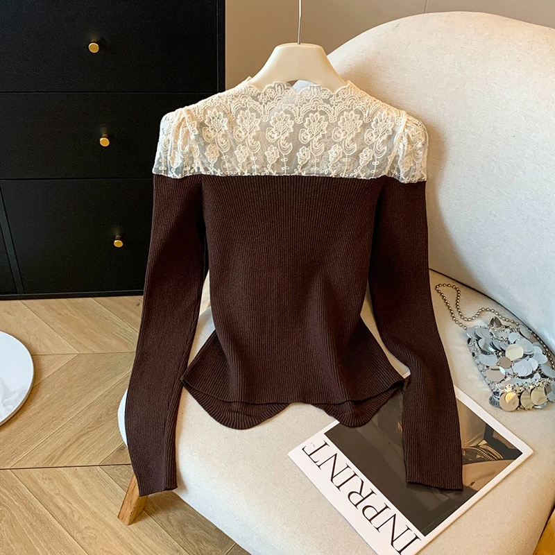 韓国レースパッチワークニットセーター女性エレガントな薄手のセクシーなスリムカーディガン V ネック長袖春秋プレッピースタイルトップ