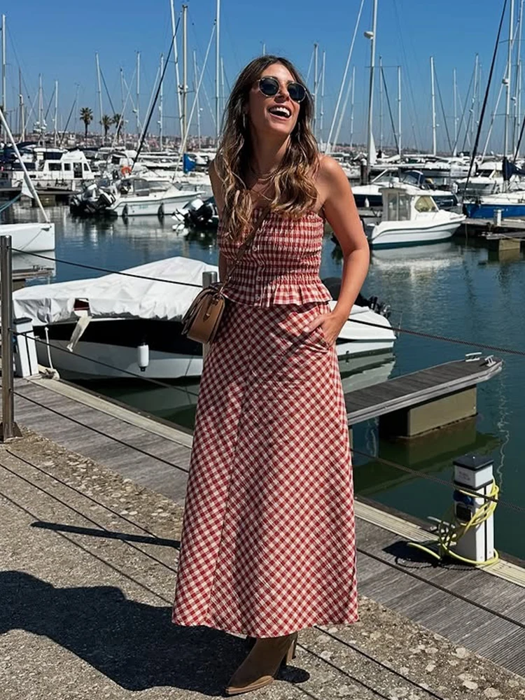 

Foridol Plaid Vintage Summer Skirt Set for Women Spring Casual New in Dress Set 2 Pieces Red Midi Dress Beach Matching Set 2025