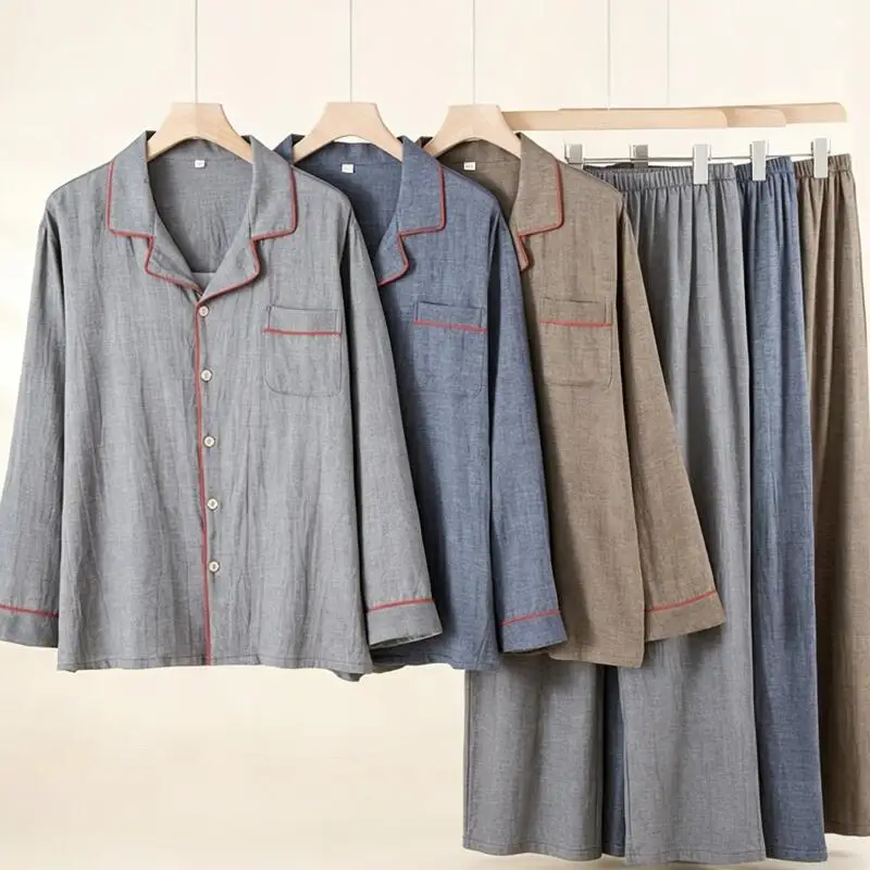 2026 Spring New Pyjamas Suit Men Cotton Nightwear Loose Long Sleeve Shirt Pants 2Pcs Nightgown Casual Sleep Set Home Clothes