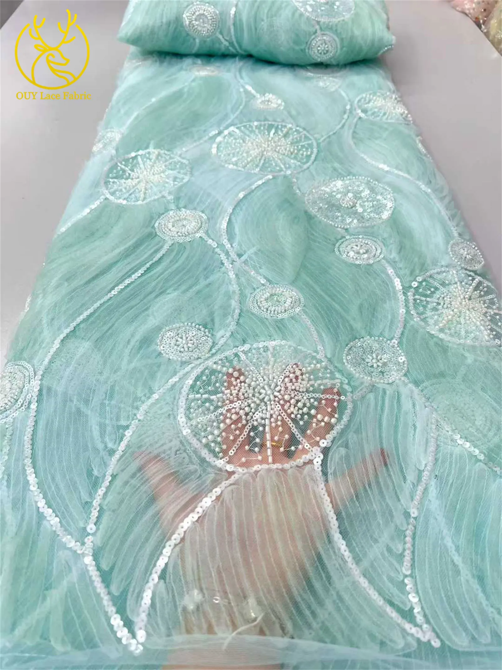 美しいエレガントなアフリカのスパンコールレース生地2025フランスナイジェリアチュールメッシュビーズレース生地、ウェディングドレス縫製用