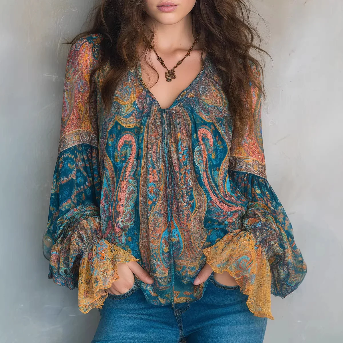

Women's Vintage Blue Paisley Blouse V Neck Long Sleeve Flare Casual Bohemian Top for Daily Wear Vacation Style