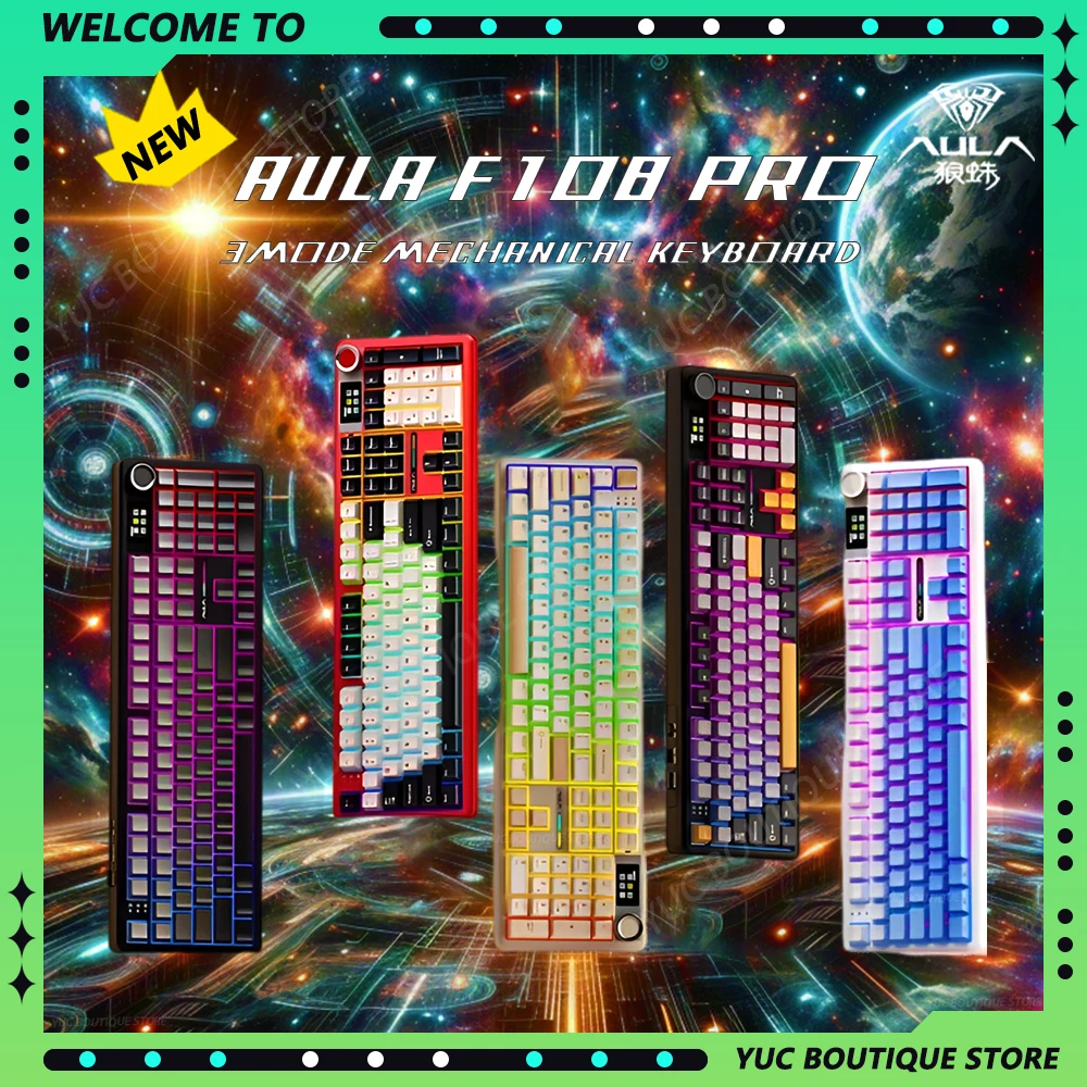 AULA F108 Pro Wireless E-sport Mechanical Keyboard 3-Mode RGB Light Gasket Ergonomics Custom Game Keyboard Knob Switch