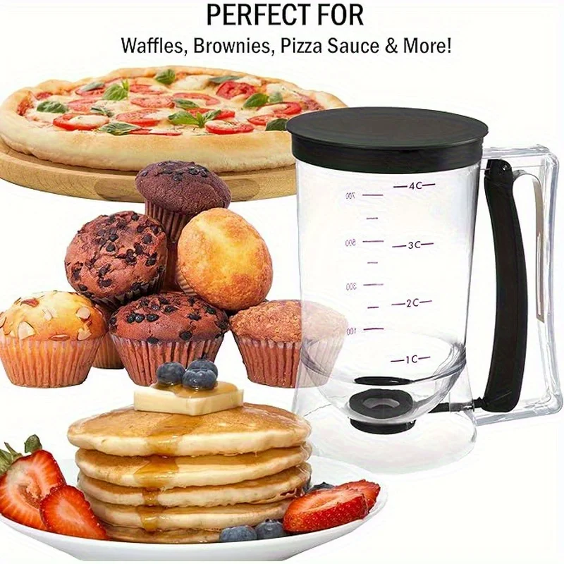 900ml Batter Separator Dispenser with Measuring Label Squeeze Handle for Pancake Cookie Cake Waffle Batter Storage