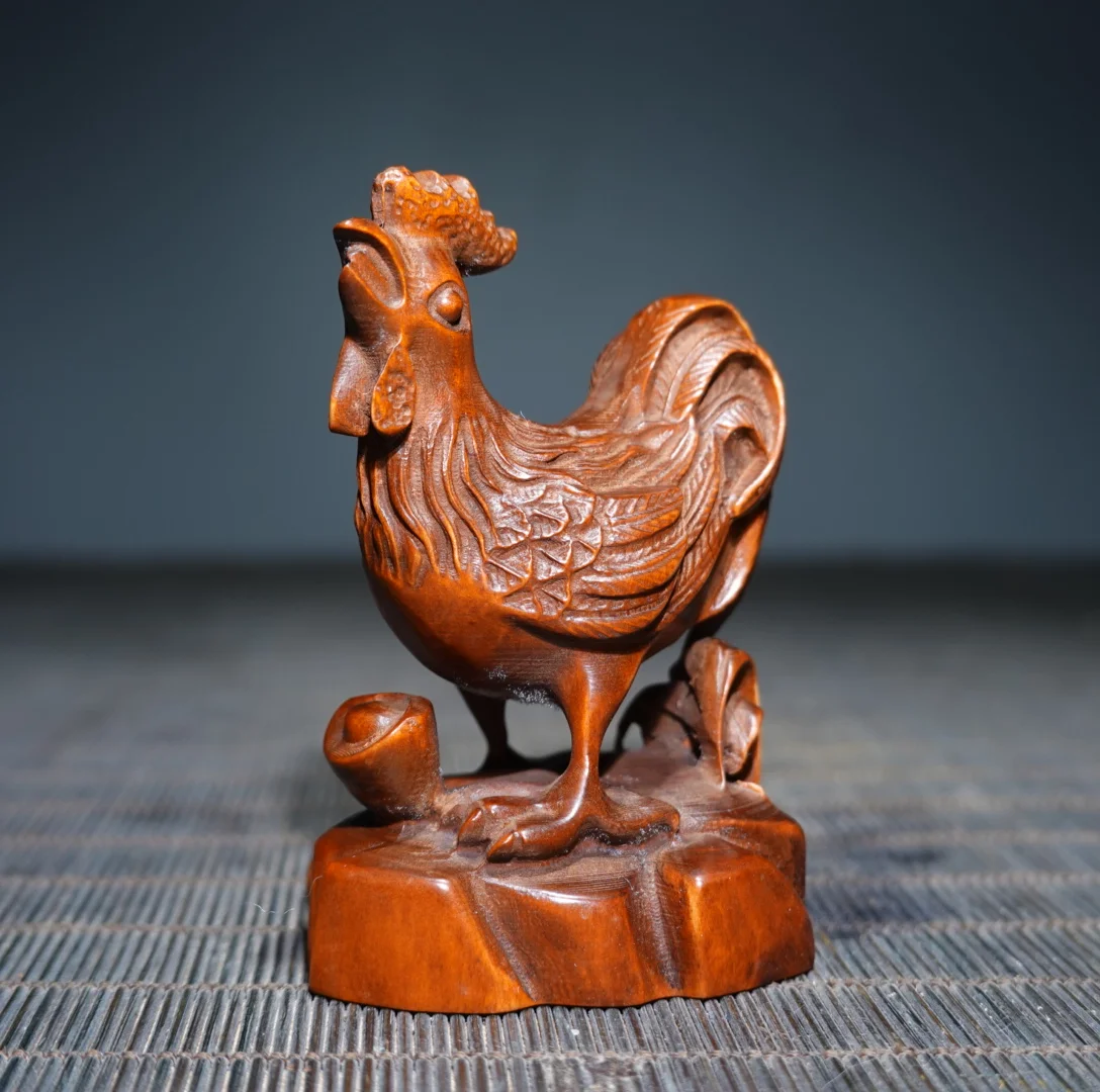 Old Boxwood Chinese zodiac chicken statue rooster get rich Amass wealth Ornaments Amulet Dharam Town house