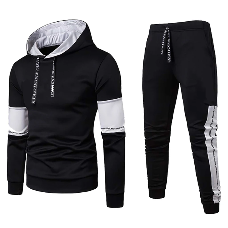 Men's Warm Tracksuit Fashion Hooded Sweatshirt + Sweatpants Sets High Quality Black White Top And Pants Casual Jogging Clothing