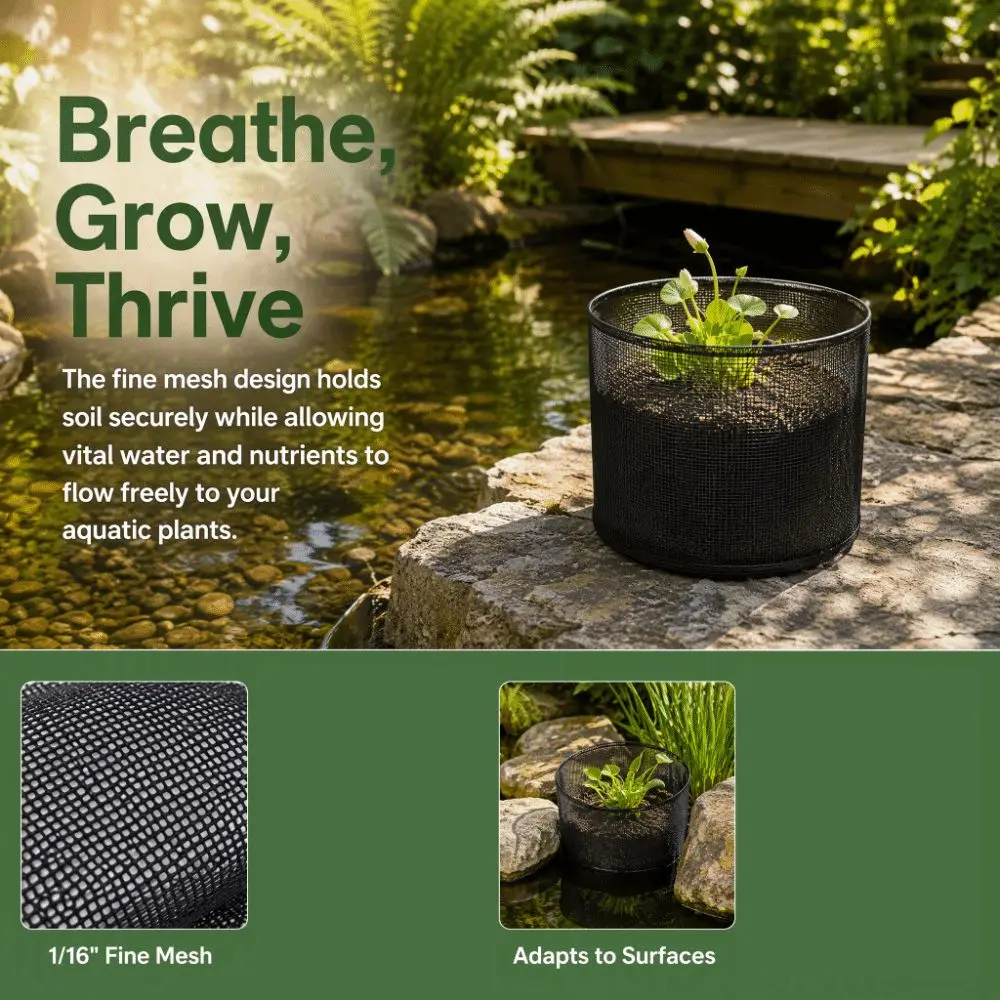 Durable 7 Inch Pond Plant Baskets 1/16 Inch Mesh Black Aquatic Plant Bags PVC Round Water Garden Plant Pots Pond